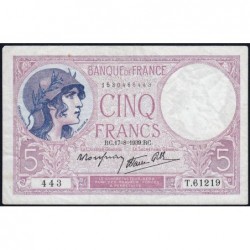 F 04-06 - 17/08/1939 - 5 francs - Violet modifié - Série T.61219 - Etat : TTB