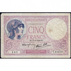 F 04-06 - 17/08/1939 - 5 francs - Violet modifié - Série T.61219 - Etat : TB