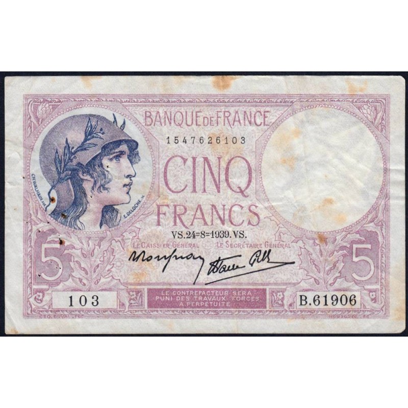 F 04-07 - 24/08/1939 - 5 francs - Violet modifié - Série B.61906 - Etat : TB-