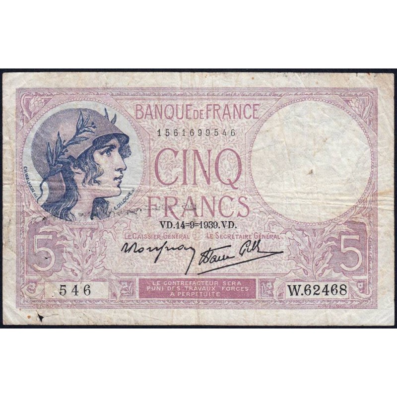 F 04-08 - 14/09/1939 - 5 francs - Violet modifié - Série W.62468  (remplacement) - Etat : TB-