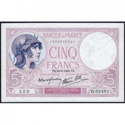 F 04-08 - 14/09/1939 - 5 francs - Violet modifié - Série W.62482 - Remplacement - Etat : SUP+