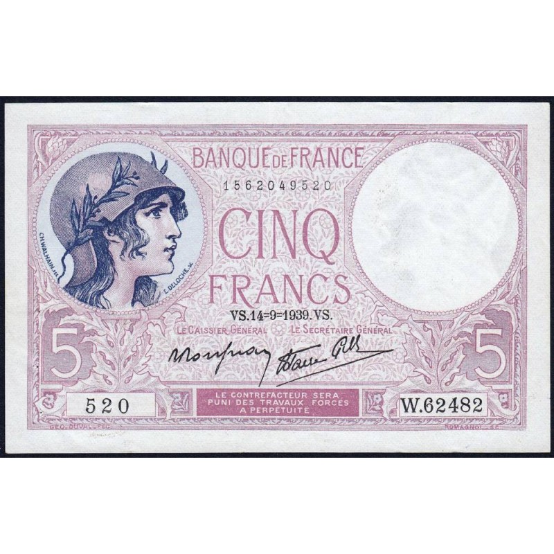 F 04-08 - 14/09/1939 - 5 francs - Violet modifié - Série W.62482  (remplacement) - Etat : SUP+