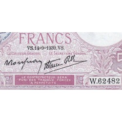 F 04-08 - 14/09/1939 - 5 francs - Violet modifié - Série W.62482 - Remplacement - Etat : SUP+