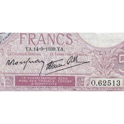 F 04-08 - 14/09/1939 - 5 francs - Violet modifié - Série O.62513 - Etat : TB+