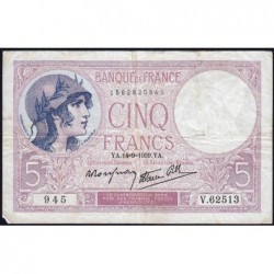 F 04-08 - 14/09/1939 - 5 francs - Violet modifié - Série V.62513 - Etat : TB