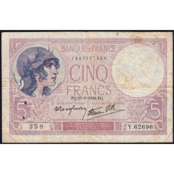 F 04-09 - 21/09/1939 - 5 francs - Violet modifié - Série Y.62696 - Etat : TB-