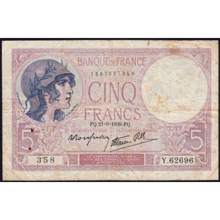 F 04-09 - 21/09/1939 - 5 francs - Violet modifié - Série Y.62696 - Etat : TB-