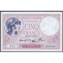 F 04-09 - 21/09/1939 - 5 francs - Violet modifié - Série W.62849 - Remplacement - Etat : TTB+