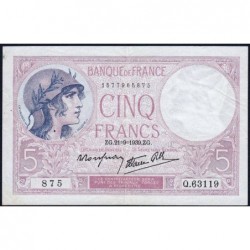 F 04-09 - 21/09/1939 - 5 francs - Violet modifié - Série Q.63119 - Etat : TTB+