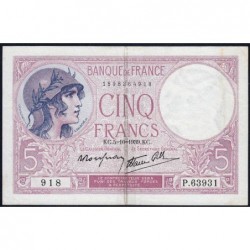 F 04-11 - 05/10/1939 - 5 francs - Violet modifié - Série P.63931 - Etat : TTB