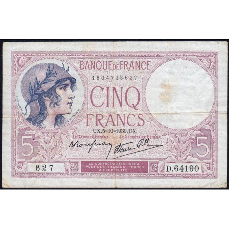 F 04-11 - 05/10/1939 - 5 francs - Violet modifié - Série D.64190 - Etat : TTB-