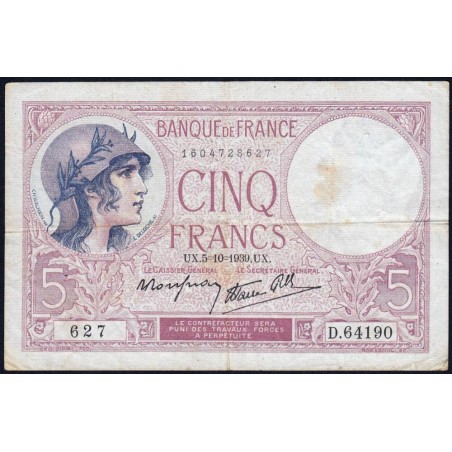 F 04-11 - 05/10/1939 - 5 francs - Violet modifié - Série D.64190 - Etat : TTB-