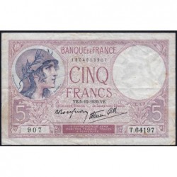 F 04-11 - 05/10/1939 - 5 francs - Violet modifié - Série T.64197 - Etat : TB+