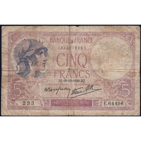 F 04-12 - 19/10/1939 - 5 francs - Violet modifié - Série E.64496 - Etat : B