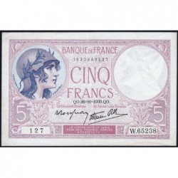F 04-13 - 26/10/1939 - 5 francs - Violet modifié - Série W.65238 - Remplacement - Etat : SUP-