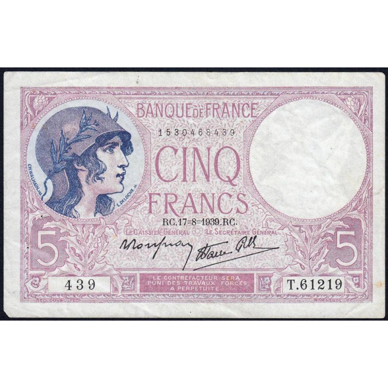 F 04-06 - 17/08/1939 - 5 francs - Violet modifié - Série T.61219 - Etat : TTB-