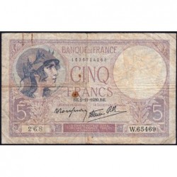 F 04-14 - 02/11/1939 - 5 francs - Violet modifié - Série W.65469 - Remplacement - Etat : B+