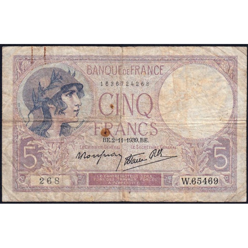 F 04-14 - 02/11/1939 - 5 francs - Violet modifié - Série W.65469 - Remplacement - Etat : B+