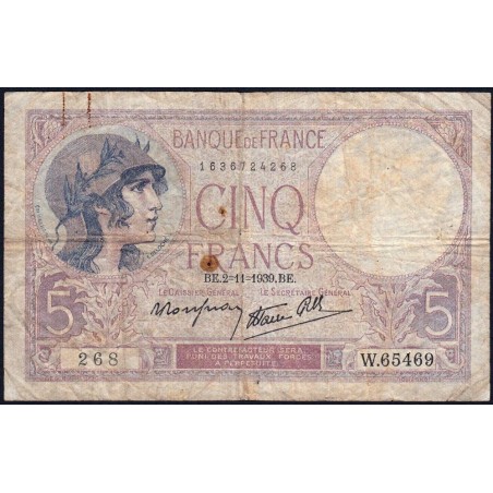 F 04-14 - 02/11/1939 - 5 francs - Violet modifié - Série W.65469 - Remplacement - Etat : B+