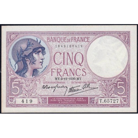 F 04-14 - 02/11/1939 - 5 francs - Violet modifié - Série T.65727 - Etat : SPL+