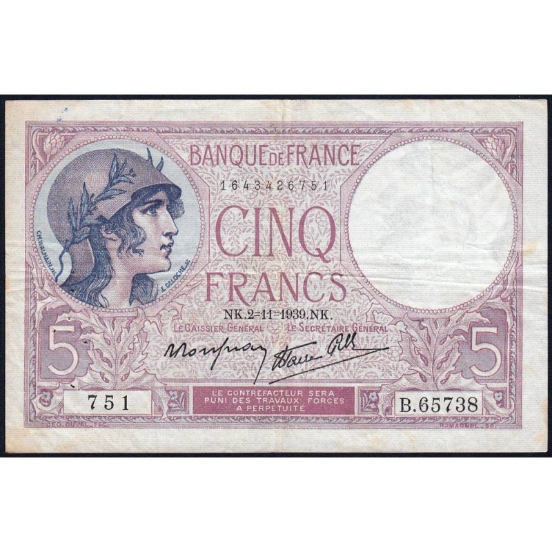 F 04-14 - 02/11/1939 - 5 francs - Violet modifié - Série B.65738 - Etat : TTB-