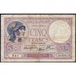 F 04-14 - 02/11/1939 - 5 francs - Violet modifié - Série U.65805 - Etat : B+