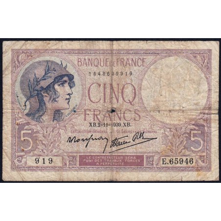 F 04-14 - 02/11/1939 - 5 francs - Violet modifié - Série E.65946 - Etat : B