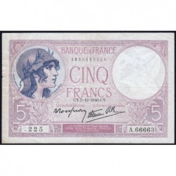 F 04-16 - 05/12/1940 - 5 francs - Violet modifié - Série A.66663 - Etat : TTB-