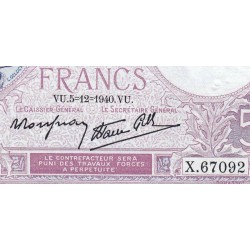 F 04-16 - 05/12/1940 - 5 francs - Violet modifié - Série X.67092 - Etat : SUP+