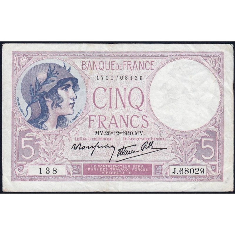 F 04-18 - 26/12/1940 - 5 francs - Violet modifié - Série J.68029 - Etat : TTB