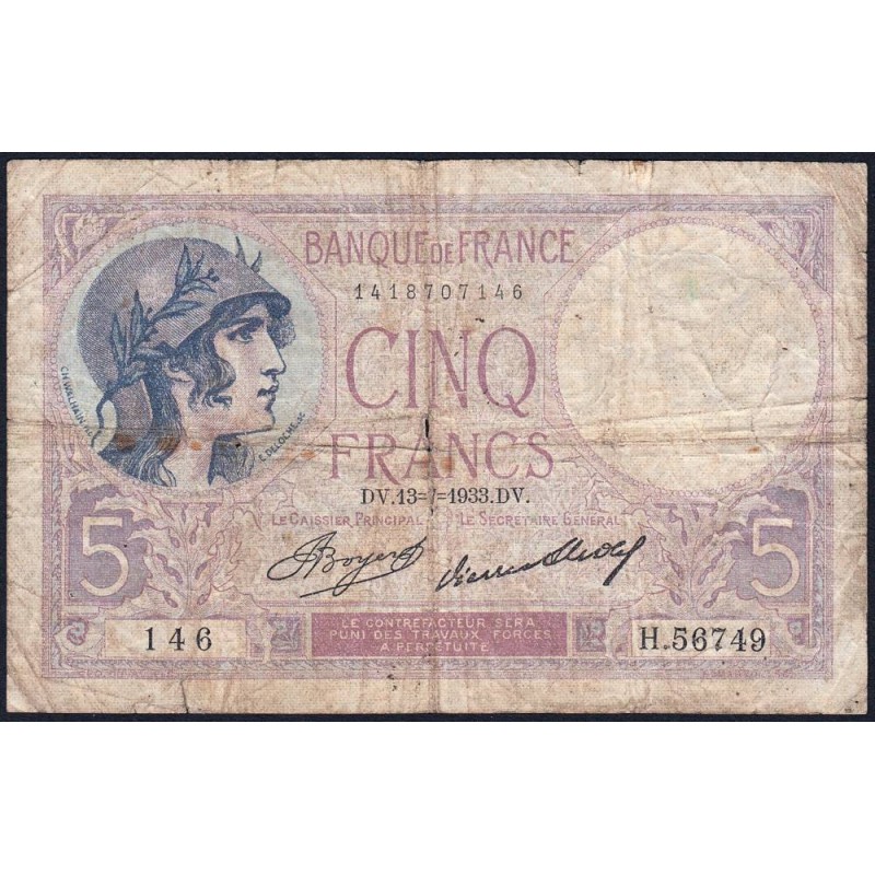F 03-17 - 10/08/1933 - 5 francs - Violet - Série H.56749 - Etat : B