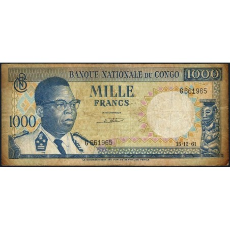 Congo (Kinshasa) - Pick 8a_2 - 1'000 francs - Série G - 15/12/1961 - Etat : B