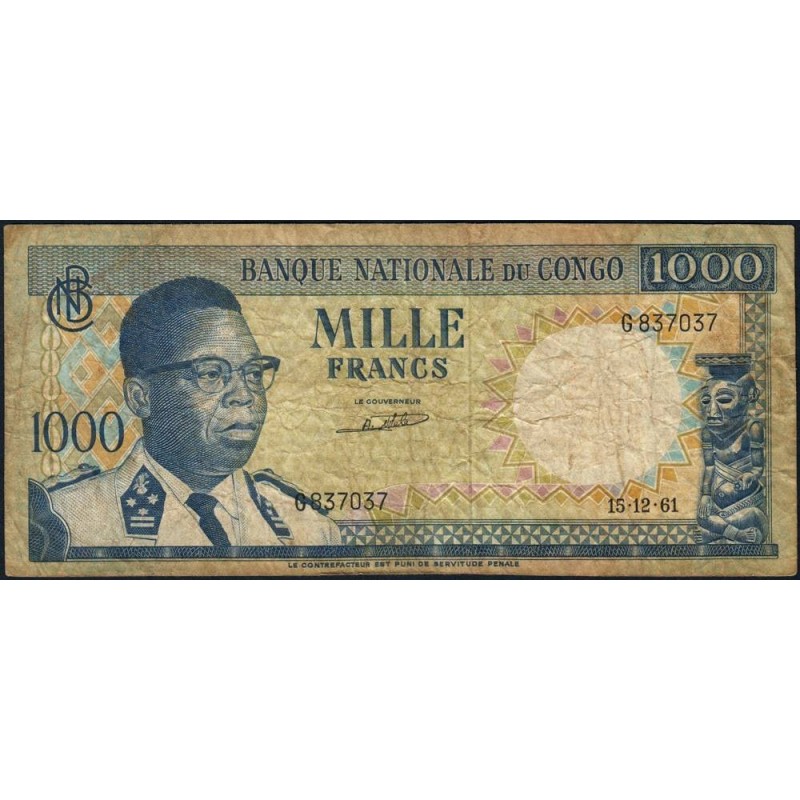 Congo (Kinshasa) - Pick 8a_2 - 1'000 francs - Série G - 15/12/1961 - Etat : B+