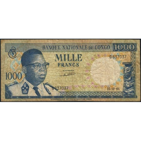 Congo (Kinshasa) - Pick 8a_2 - 1'000 francs - Série G - 15/12/1961 - Etat : B+