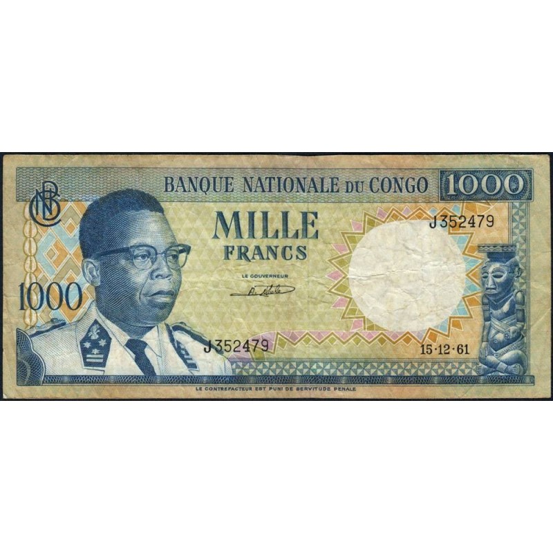 Congo (Kinshasa) - Pick 8a_2 - 1'000 francs - Série J - 15/12/1961 - Etat : TB