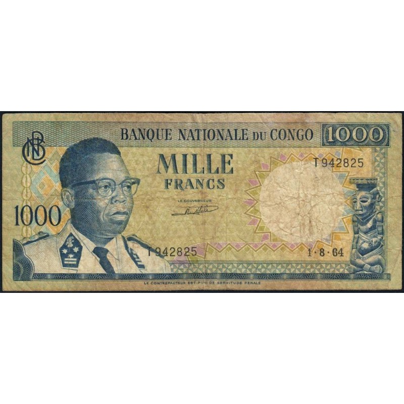 Congo (Kinshasa) - Pick 8a_3 - 1'000 francs - Série T - 01/08/1964 - Etat : B+
