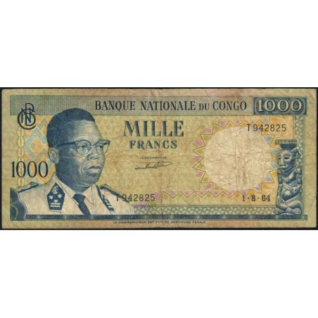 Congo (Kinshasa) - Pick 8a_3 - 1'000 francs - Série T - 01/08/1964 - Etat : B+