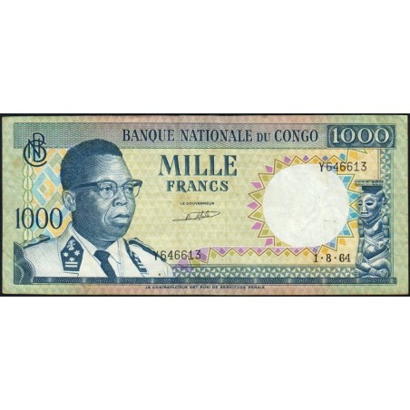 Congo (Kinshasa) - Pick 8a_3 - 1'000 francs - Série Y - 01/08/1964 - Etat : TTB