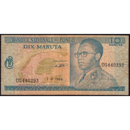 Congo (Kinshasa) - Pick 9a_2 - 10 makuta - Série DQ - 01/09/1968 - Etat : B+