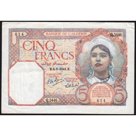 Algérie - Pick 77b - 5 francs - Série Q.5546 - 05/09/1941 - Etat : TTB+