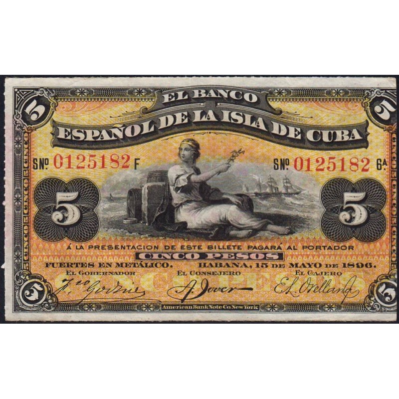 Cuba - Pick 48b - 5 pesos - Série F - 15/05/1896 - Etat : TTB