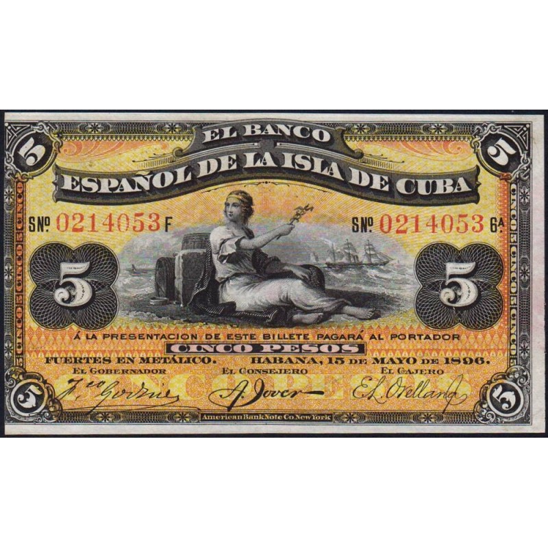 Cuba - Pick 48b - 5 pesos - Série F - 15/05/1896 - Etat : NEUF