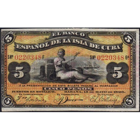 Cuba - Pick 48b - 5 pesos - Série F - 15/05/1896 - Etat : TTB+