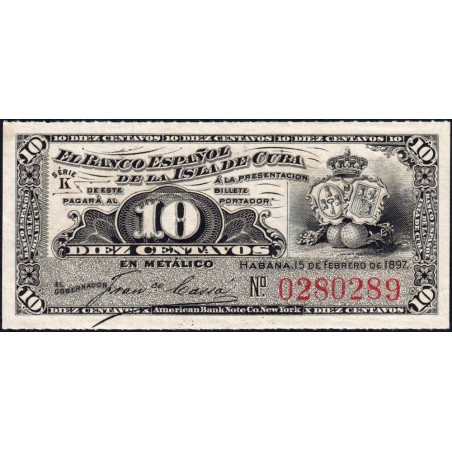 Cuba - Pick 52a - 10 centavos - Série K - 15/02/1897 - Etat : NEUF