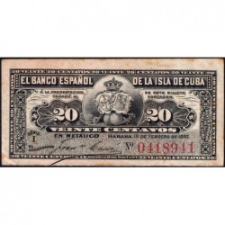 Cuba - Pick 53a - 20 centavos - Série I - 15/02/1897 - Etat : TTB