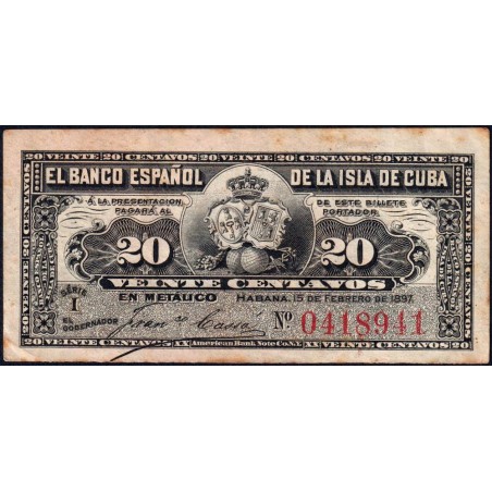 Cuba - Pick 53a - 20 centavos - Série I - 15/02/1897 - Etat : TTB