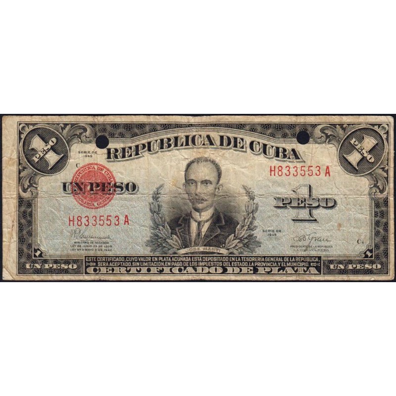 Cuba - Pick 69f - 1 peso - Série H A - 1945 - Billet annulé - Etat : TB-