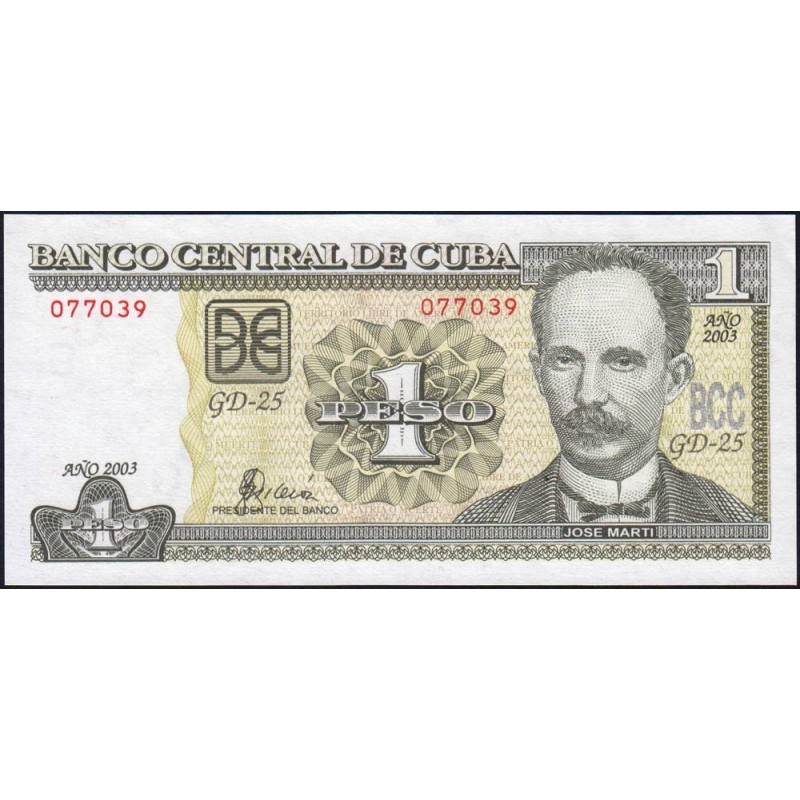 Cuba - Pick 121c - 1 peso - Série GD-25- 2003 - Etat : pr.NEUF