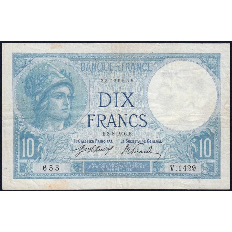 F 06-01 - 03/08/1916 - 10 francs - Minerve - Série V.1429 - Etat : TTB