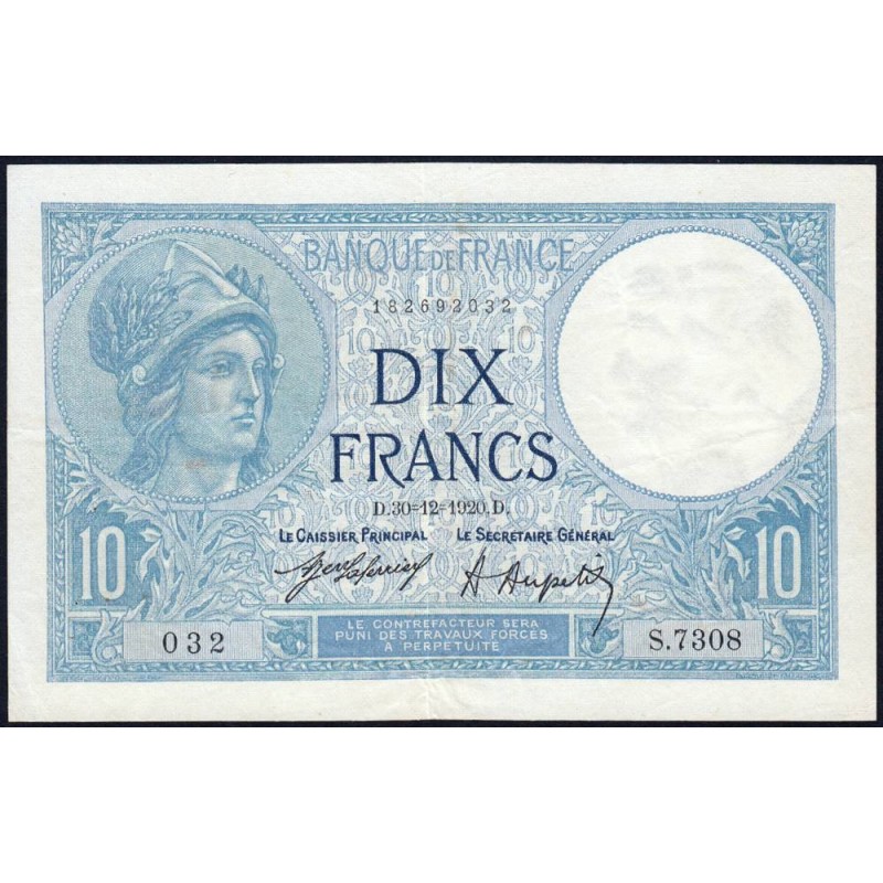 F 06-04 - 30/12/1920 - 10 francs - Minerve - Série S.7308 - Etat : TTB+